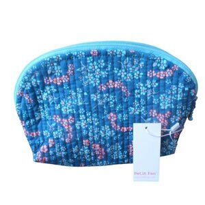 Petit pan- Blue vanity zipped toiletry quilted cotton bag-NWT